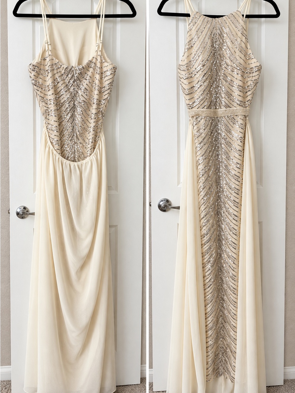 Ivory Sequin Spaghetti-Strap Prom Gown with Sheer Draped Skirt
